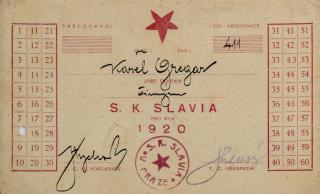 Členská legitimace SK SLAVIA PRAHA pro rok 1920