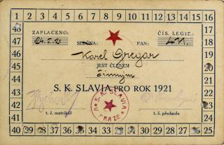Členská legitimace SK SLAVIA PRAHA pro rok 1921
