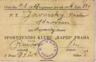 Členská legitimace Sportovního klubu Rapid, 1934