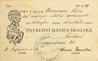 Členská legitimace Ústřední matice školské, 1939