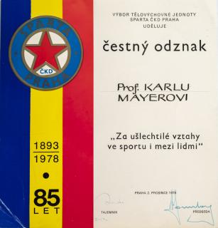 Dokument, čestný odznak, AC Sparta, 1978