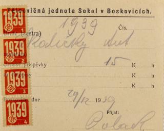 Dokument - legitimace, Jednota Sokol v Boskovicích, 1939