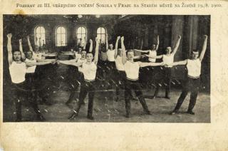Dopisnice, cvičení Sokola na Žofíně, 1900