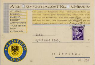 Korespondenční lístek , potvrzeni, Aleticko Footbalový klub Chrudim, 1943