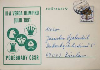 Korespondenční lístek , šachová partie, III-A Olimpiko, Poděbrady ČSSR, 1991