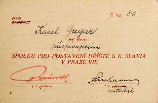 Legitimace přispívajícího člen S.K. Slavia, spolek pro postavení hříště v Praze VII,