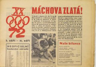Noviny Československý sport, Máchova zlatá, OH Mnichov, 1972