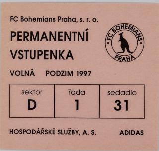 Permanentní vstupenka FC Bohemians Praha, podzim 1997