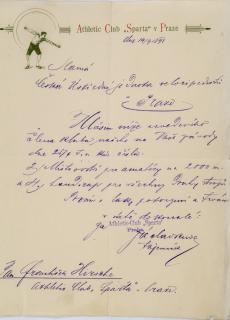 Písemnost, Česká ústřední jednota velocipedistů, pozvánka, Athletic Club Sparta v Praze, 1898