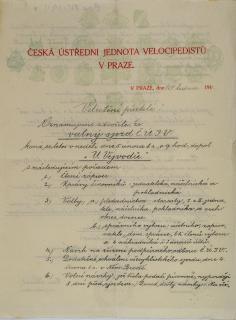Písemnost, Česká ústřední jednota velocipedistů, pozvánka na sjezd, 1911