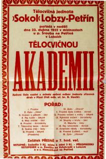 Plakát Sokol Lobzy Petřín, pozvánka na tělocvičnou akademii, 1922