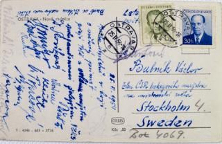 Pohlednice  -  Hokejisté, pozdrav z Ostravy,do Stockholmu, 1954