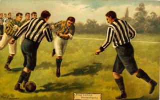 Pohlednice humor - fotbal - Eine sichere Verteidigung, 1908
