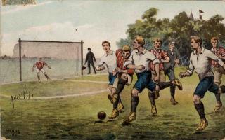 Pohlednice humor - fotbal - V útoku, 1910