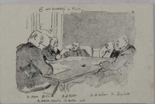 Pohlednice - momentka ze schůze VII. sletu, schůze presisia, 1920