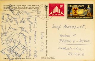 Pohlednice ze zájezdu do Boston, reprezentace ČSSR Josefu Masopustovi,, autogramy