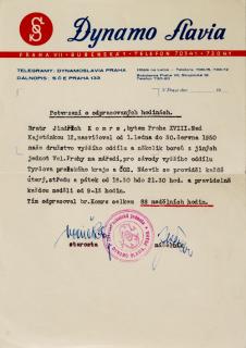Potvrzení o odpr. hodinách Dynamo Slavia, 1950