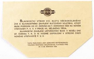 Pozvánka , K slavnostnímu zahájení VII. všesokolského sletu, 1926