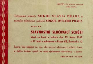 Pozvánka na slučovací schůzi Slavia a Sokol Dynamo Praha, 1949