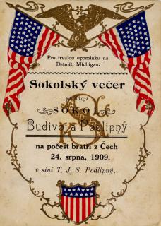 Pozvánka na Sokolský večer, Budivoj Podlipný, Detroit, Michigan, 1909