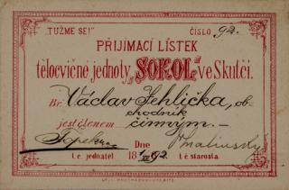 Přijímací lístek SOKOL ve Skutči 1892