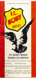 Program fotbal  FC Boby Brno vs. Sigma Olomouc, 2/1996