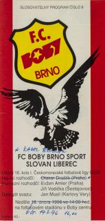 Program fotbal  FC Boby Brno vs. SLovan Liberec, 1996