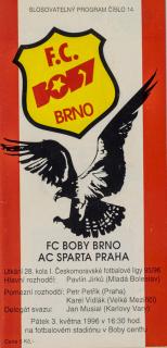 Program fotbal  FC Boby Brno vs. Sparta Praha, 14/1996