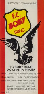 Program fotbal  FC Boby Brno vs. Sparta Praha, 1996