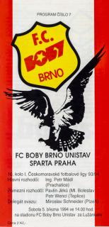 Program fotbal  FC Boby Unistav Brno vs. Sparta Praha, 1994