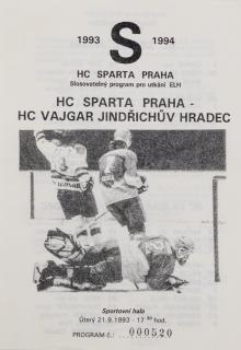 Program hokej, HC Sparta Praha  vs. HC Jindřichův Hradec, 1993