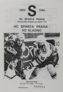 Program hokej, HC Sparta Praha  vs HC Kladno, 1994