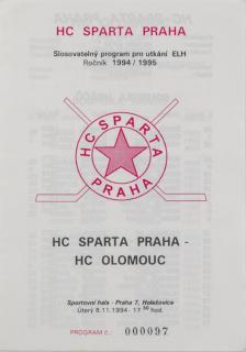 Program hokej, HC Sparta Praha  vs. HC Olomouc, 1994