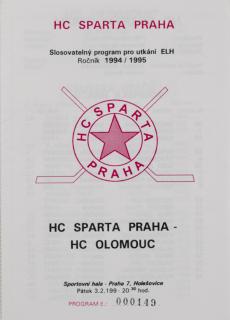 Program hokej, HC Sparta Praha  vs. HC Olomouc, 1995