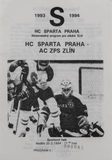 Program hokej, HC Sparta Praha  vs. HC ZPS Zlín, 1994