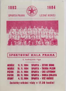 Program hokej, Sparta Praha, 1983-1984