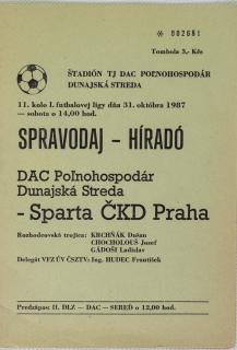Program k utkání Dunajská Streda v. Sparta, 1987