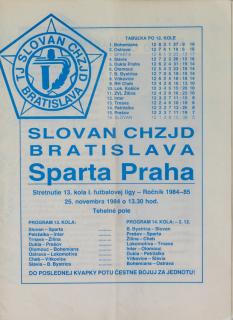 Program k utkání Slovan Bratislava vs. Sparta Praha, 1984