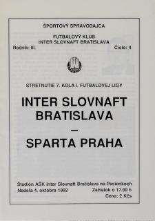 Program k utkání Slovnaft vs. Sparta Praha, 1992