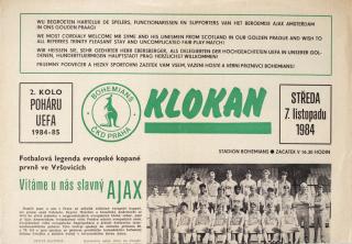 Program Klokan, UEFA,  Bohemians AJAX Amsterodam, 1984