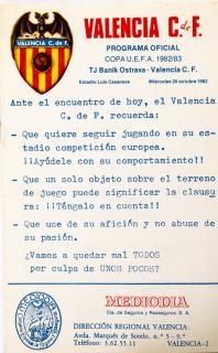 Program, Valencia C. de F. v. Banik Ostrava, 1982