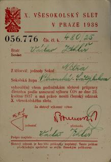 Průkaz X Všesokolský slet v Praze, 1938