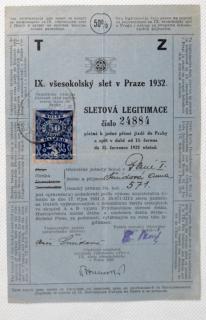 Sletová legitimace IX. všesokolského sletu v Praze 1932