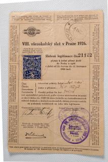 Sletová legitimace VIII. všesokolského sletu v Praze 1926
