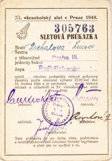 Sletová průkazka všesokolský slet v Praze 1948 II