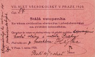 Stála vstupenka VII. Všesokolský slet v Praze 1920