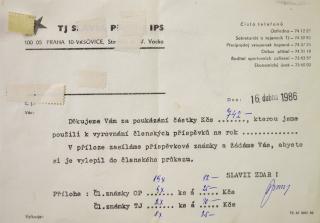 Tiskopis Odboru přátel TJ Slavia Praha IPS, potvrzení o zaplacení, 1986