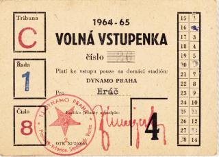 Volná vstupenka klubu Dynamo Praha ( S.K.SLAVIA PRAHA ) na sezonu 1964 65