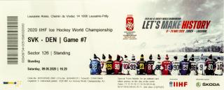 Vstupenka 2020 IIHF Ice Hockey, WCH, Lousanne, Slovensko - Dánsko