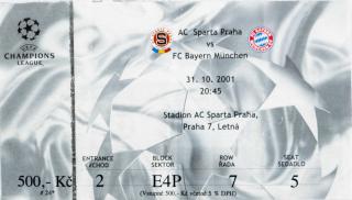 Vstupenka  AC Sparta v. Bayern Munchen, CHL, 2001